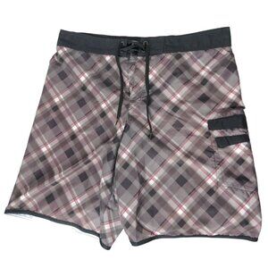 Tony Hawk Mens Swim Trunks Large Gray Red White Plaid